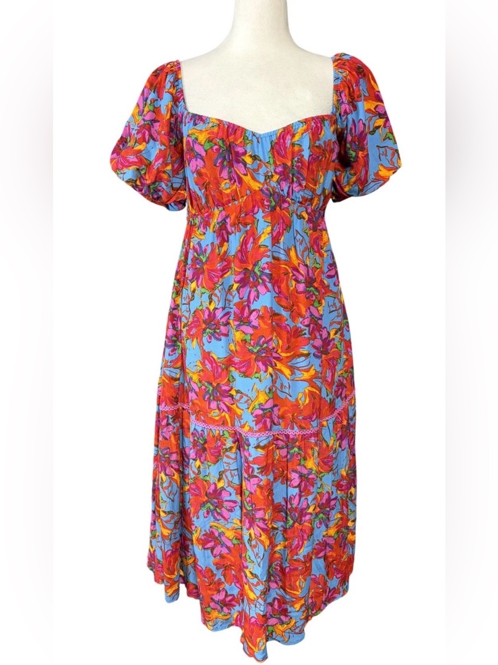 Lost + Wander Sky Blue Midi Dress with‎ Pink and Orange Floral